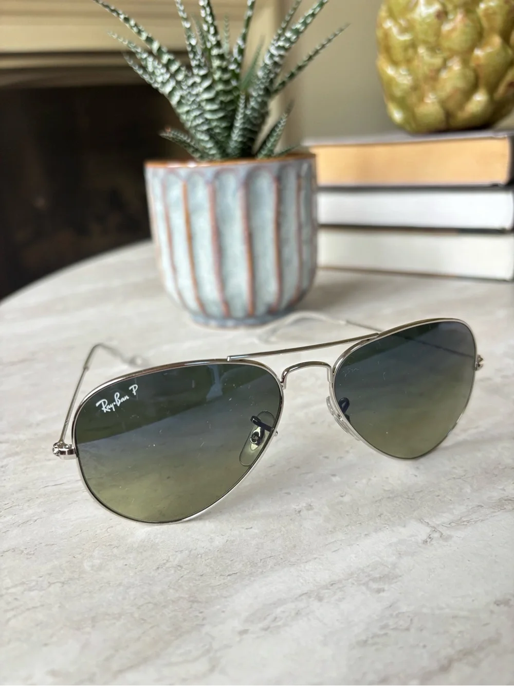 Ray-Ban Aviator Sunglasses - Silver Frame with Green Gradient Lenses Size Small